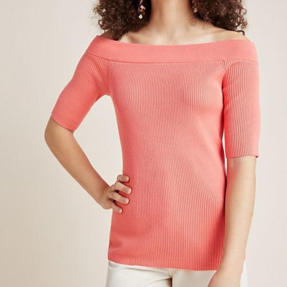 Anthropologie Pink Ribbed Off The Shoulder Top - Picture 5 of 5